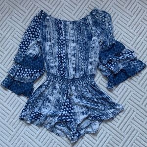 Surf Gypsy off the shoulder blue patterned romper. Size medium
